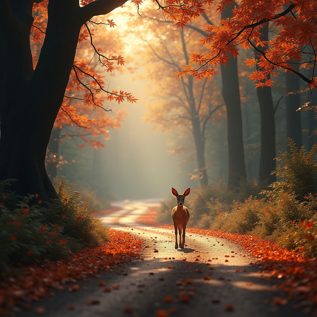 Whitetail Deer Crossing Forest Road in Autumn Light