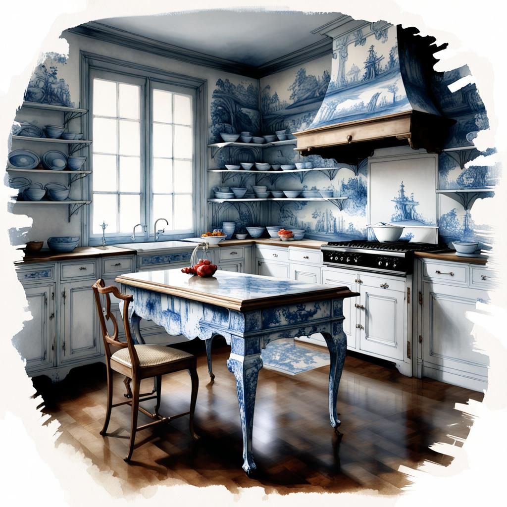Watercolor Kitchen with Toile de Jouy Furniture