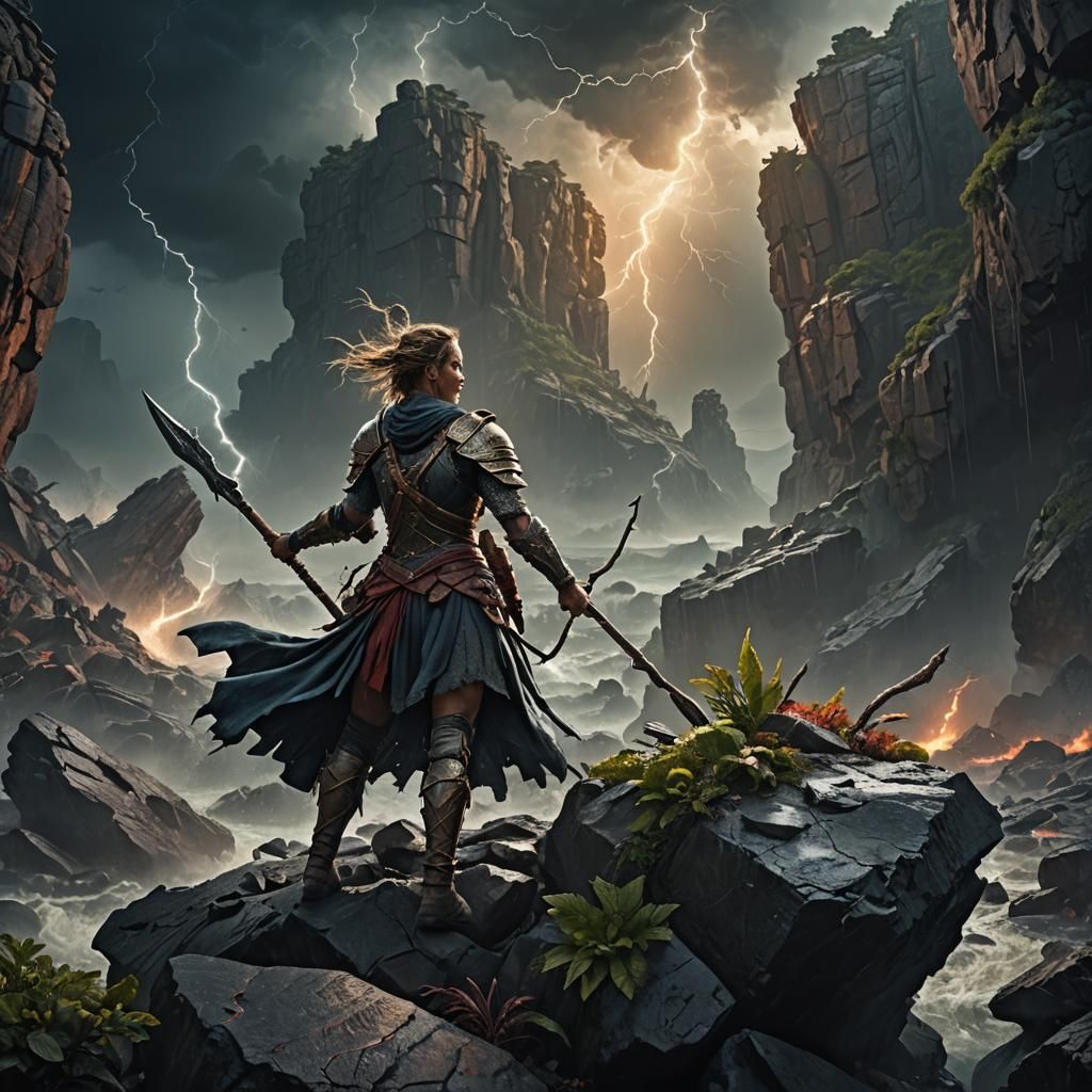 Epic Female Warrior in Storm, Digital Matte Painting
