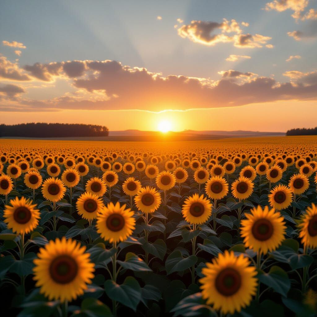Golden Sunrise Over Sunflower Field, Cinematic Film Still