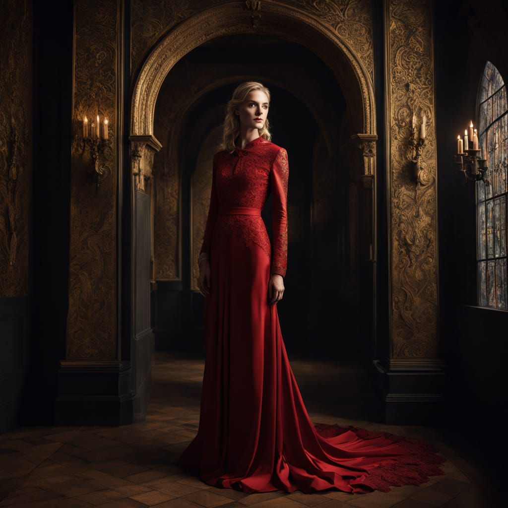 Elegant Woman in Red Evening Gown, Dimly Lit Chamber