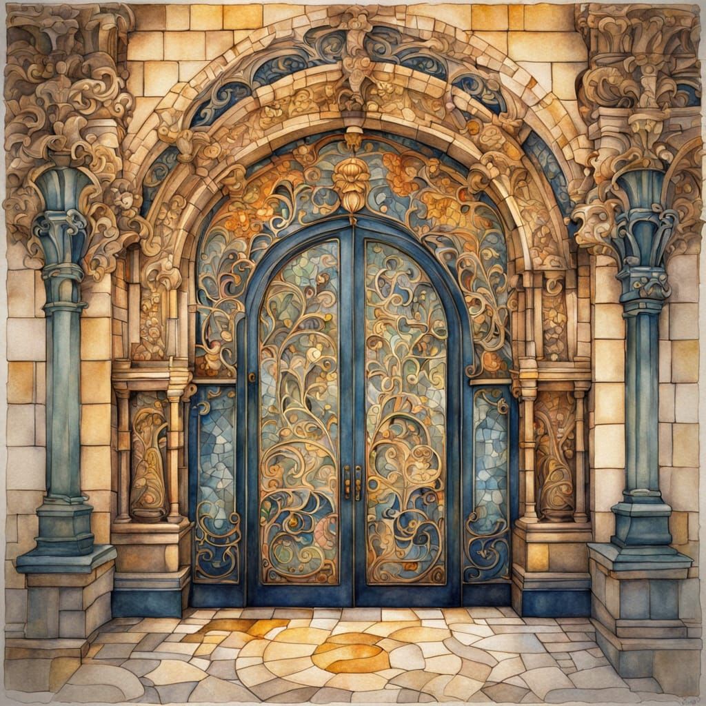 Gaudi-Inspired Art Nouveau Architecture in Watercolor