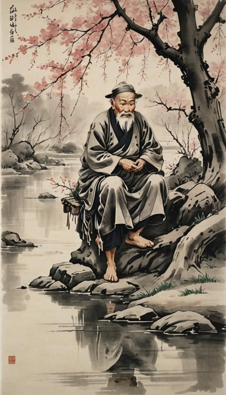 Sumi-e Painting: Old Man Resting Under Cherry Trees