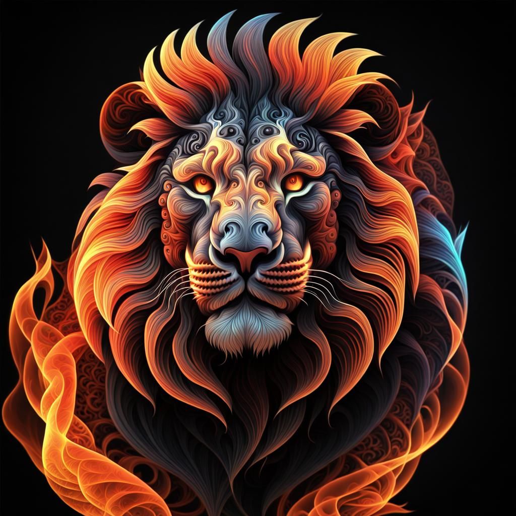 Fractal Lion Tattoo Art with Fire Glow