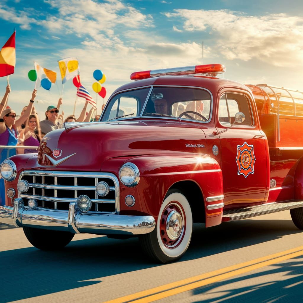 Full view 1956 Cadillac hook and ladder one ton fire truck with a fire logo on the door with the word ‘HART’ in a summer...