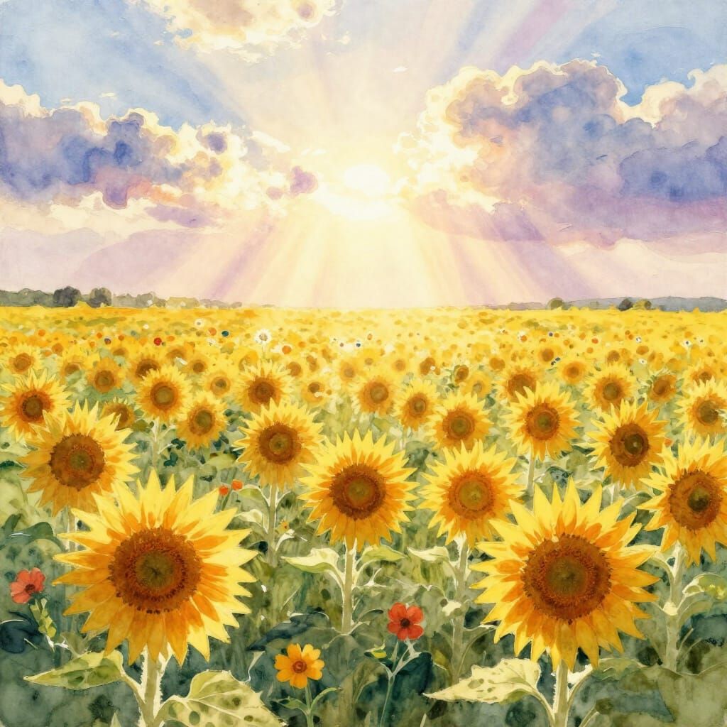 Heavenly Sunflower Field in Radiant Watercolor Style