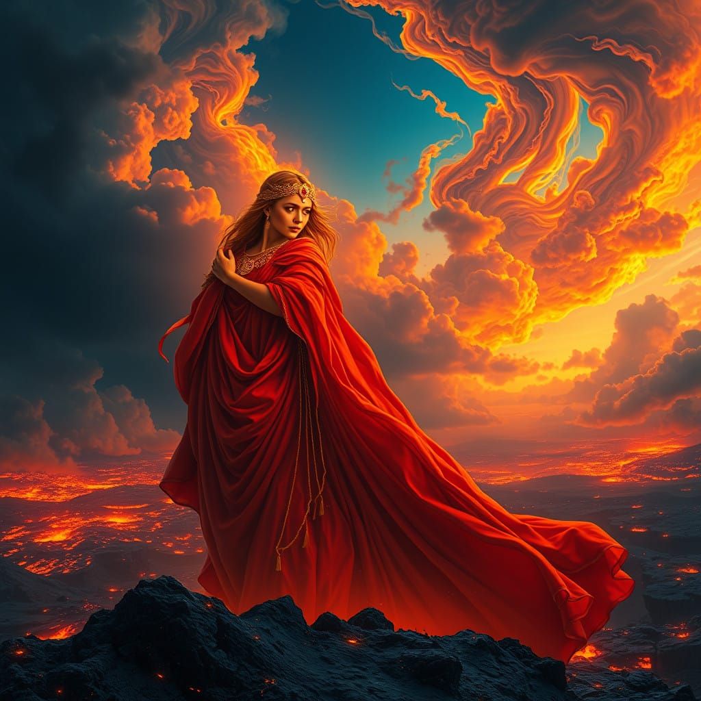 Fiery Roman Goddess of the Sky in Lava Landscape