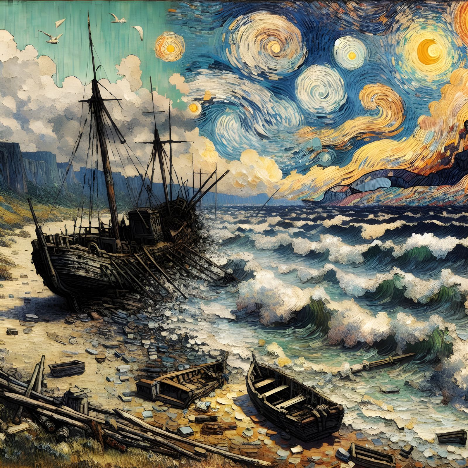 Shipwreck in Hokusai, Impressionist, and Impasto Styles