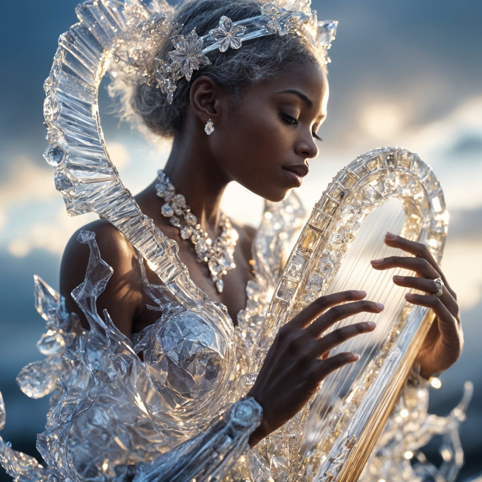African Princess with Crystal Harp in Divine Light