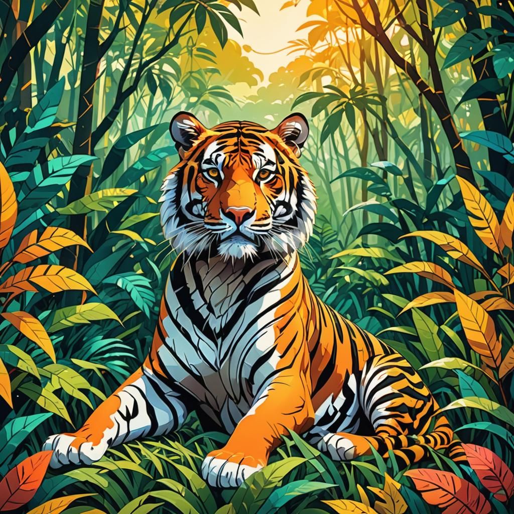 Vibrant Geometric Tiger in Jungle Clearing