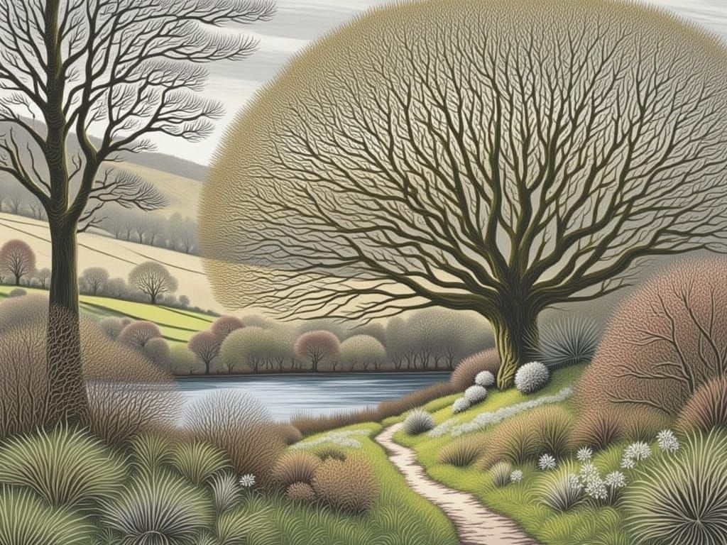 Detailed Lake Landscape in Illustrative Romanticism Style