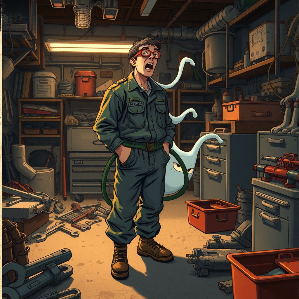 Startled Mechanic and Mischievous Ghost in Garage