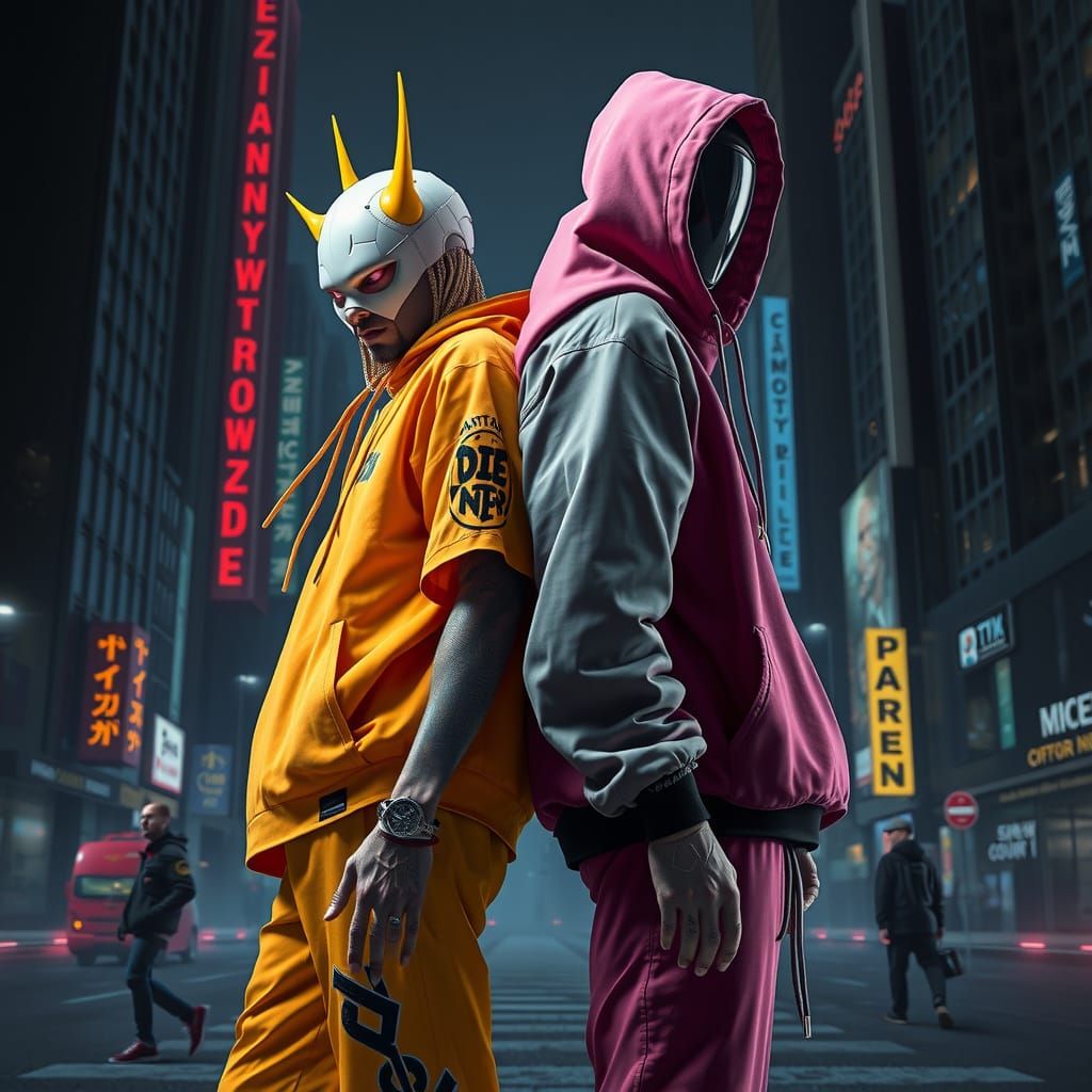 Die Antwoord and Eminem in Futuristic Cityscape