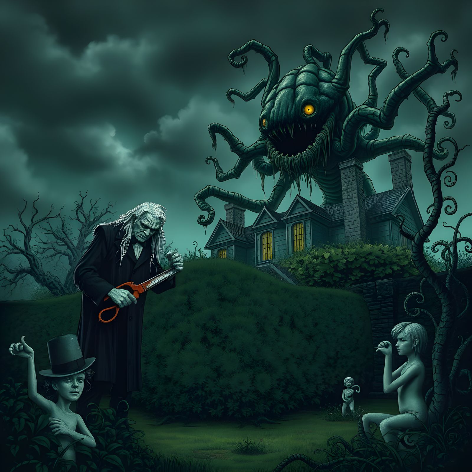 Eerie Garden Scene with Lurch and Cousin Itt