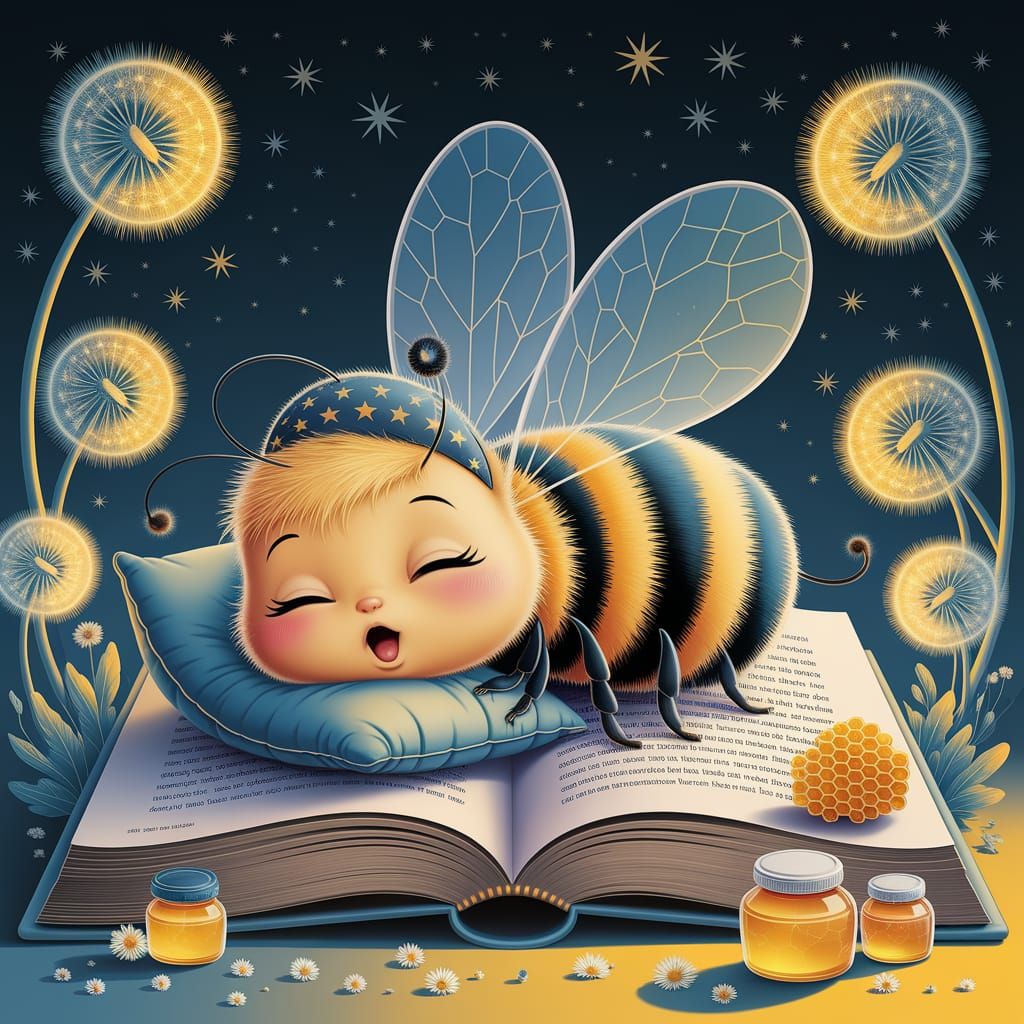 Sleepy Bee Resting on Book Under Starry Sky