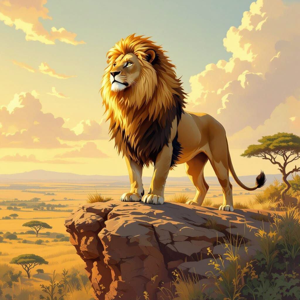 Golden Maned Lion Overlooking the Savanna