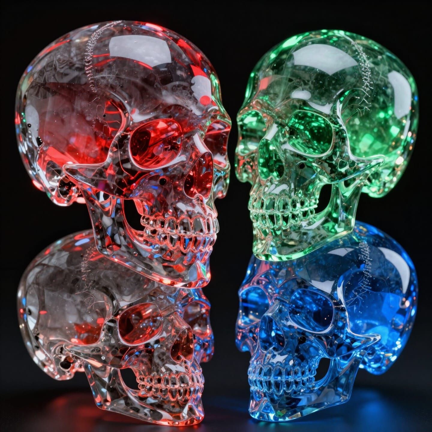 Hyper-Realistic Crystal Skulls in Red Spotlight