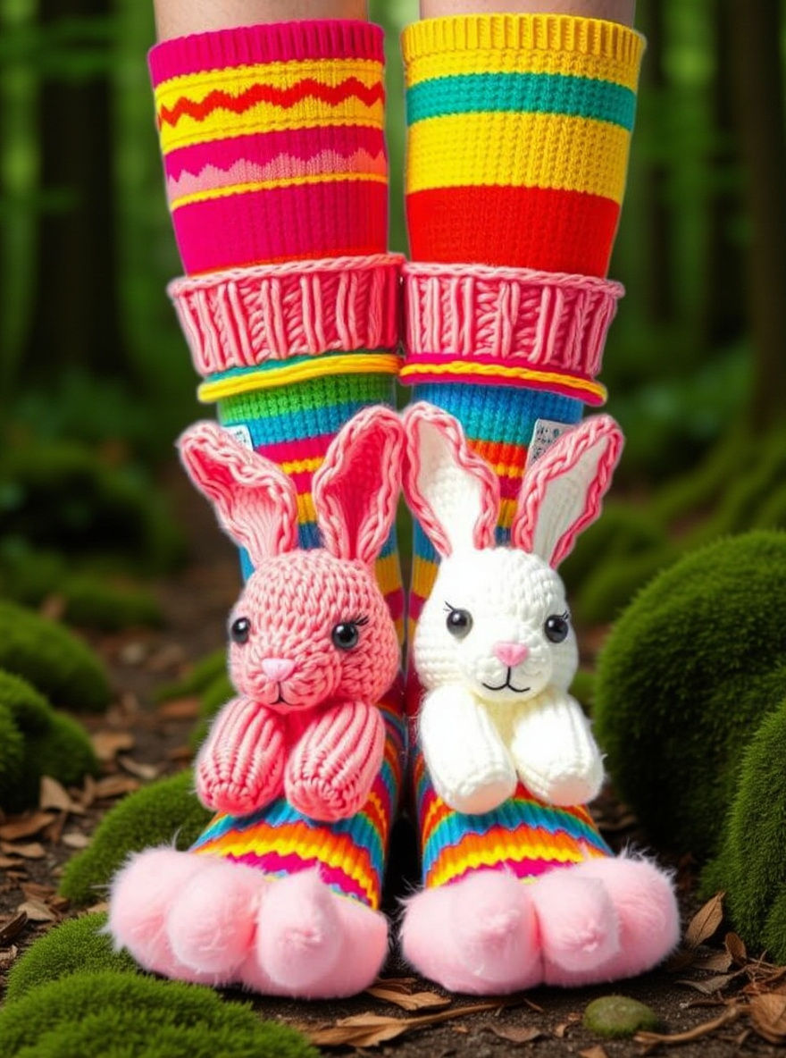 Mismatched Bunny Socks on Forest Path in Crochet Style