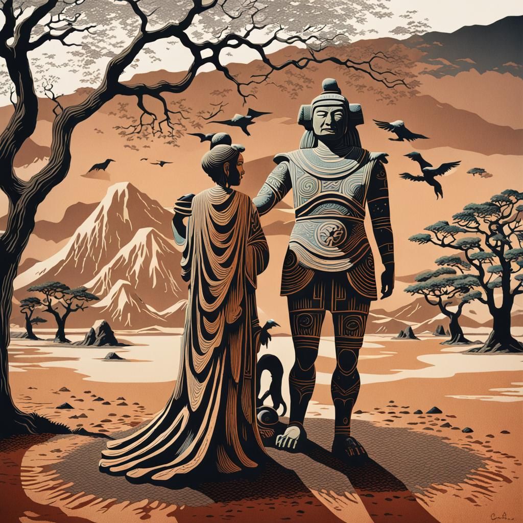 Wilderness Goddess and Golem in Ukiyo-e Style