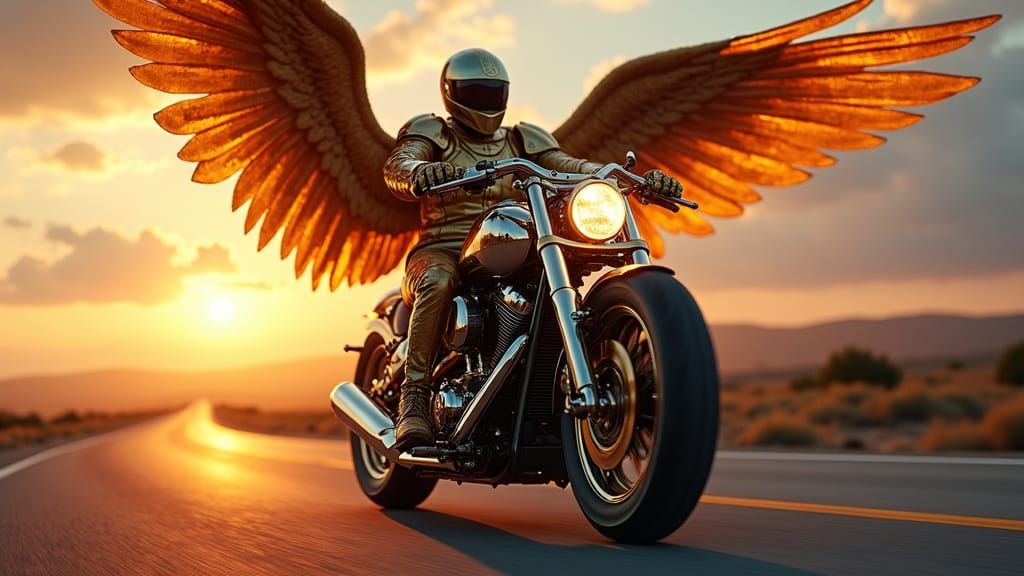Futuristic Archangel on Armored Motorcycle at Sunset