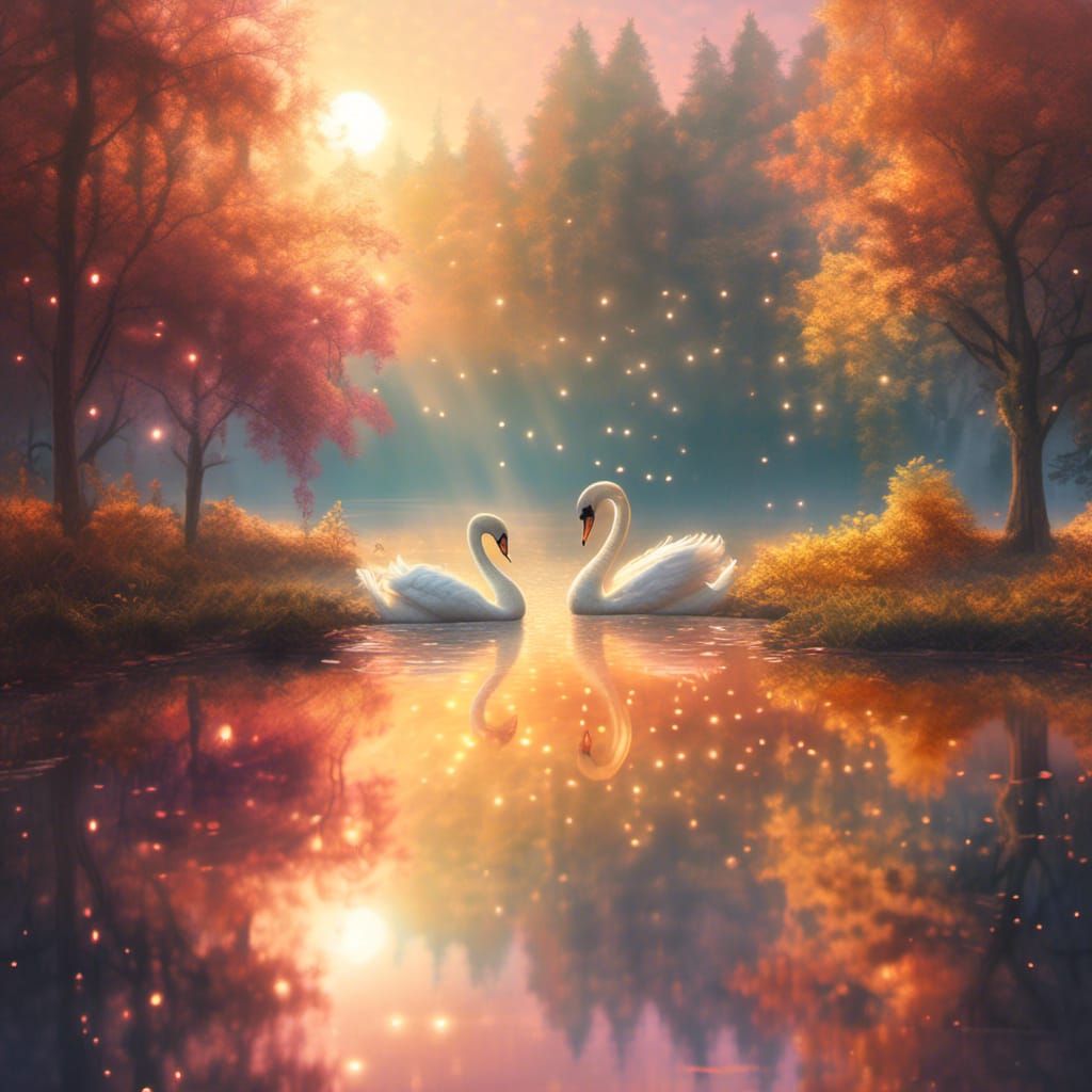 Swans Swimming Peacefully in Golden Hour Digital Illustratio...