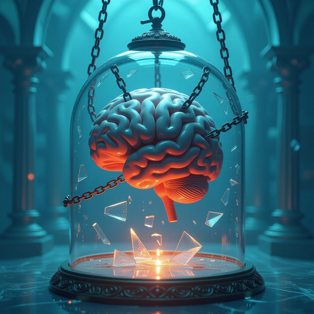 Brain with Shattered Chains in Glass Case