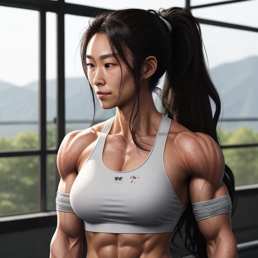 Muscular Japanese Girl with Ponytail at the Gym