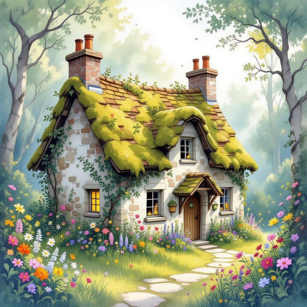 Enchanted Cottage in Forest, Delicate Watercolor Style