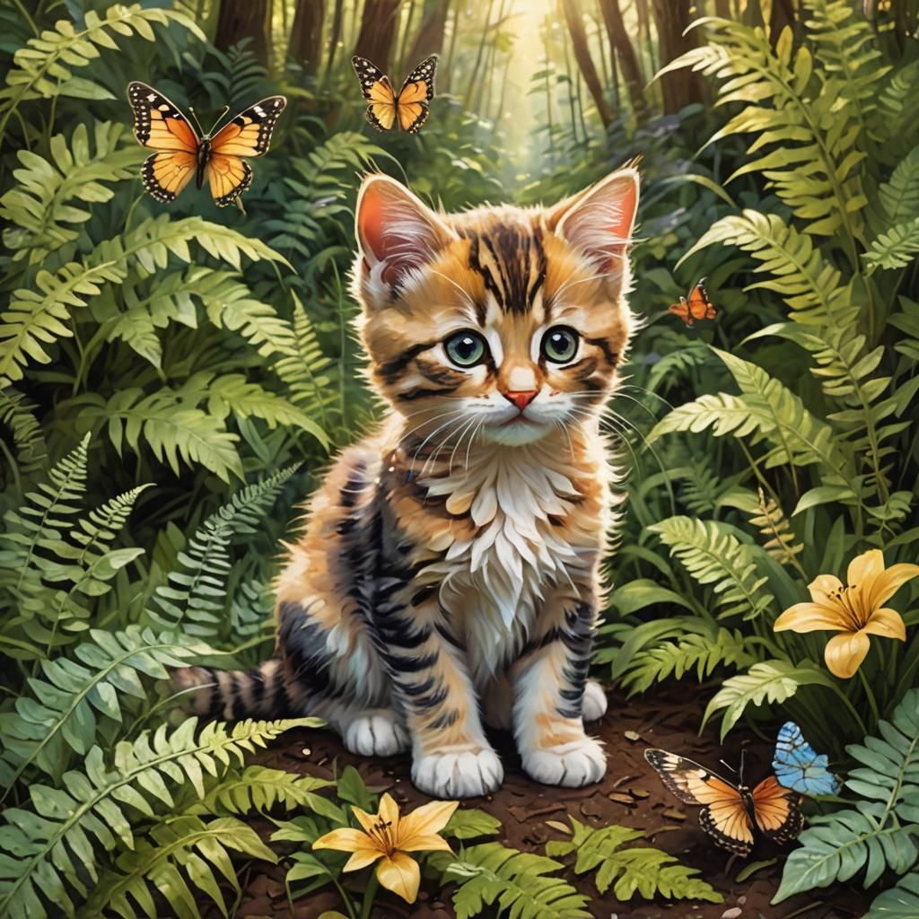 Kitten and Butterfly in Dreamlike Forest Landscape