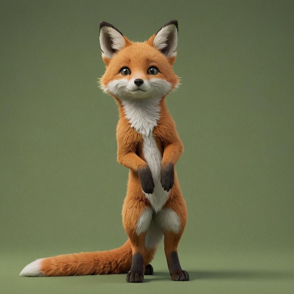 Pose of an anime shy fox cub, orange fluffy tail and cautiou...