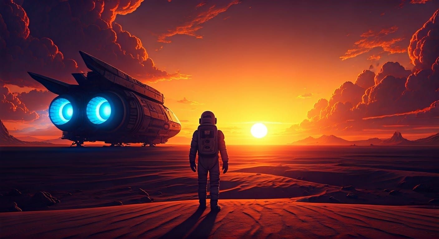 Astronaut in Orange Desert Landscape at Sunset