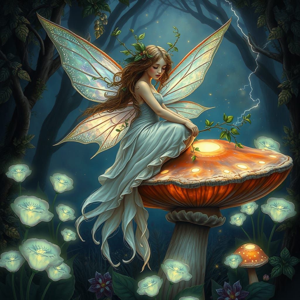 Bioluminescent Fairy in Enchanted Forest, Pre-Raphaelite Sty...