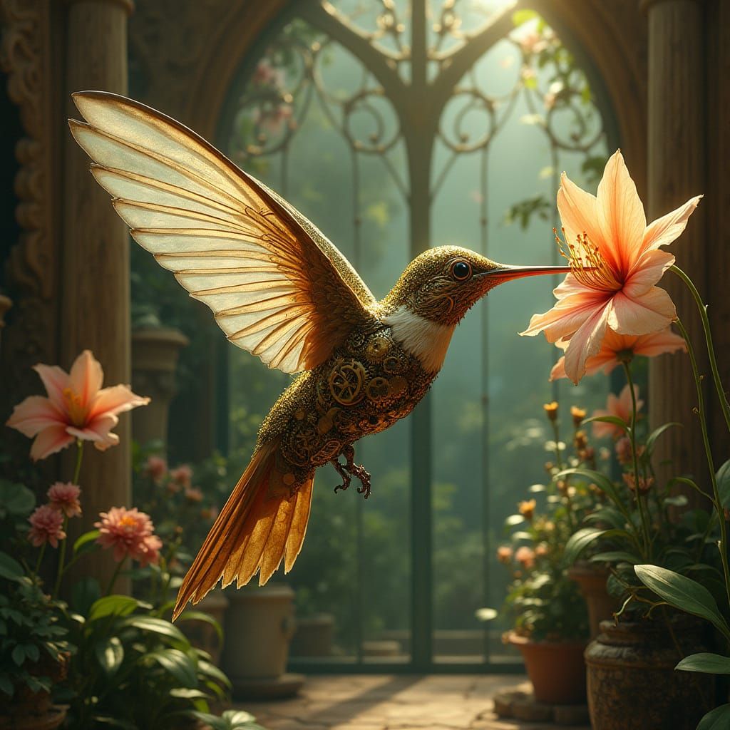 Steampunk Hummingbird in Conservatory with Glowing Orchid