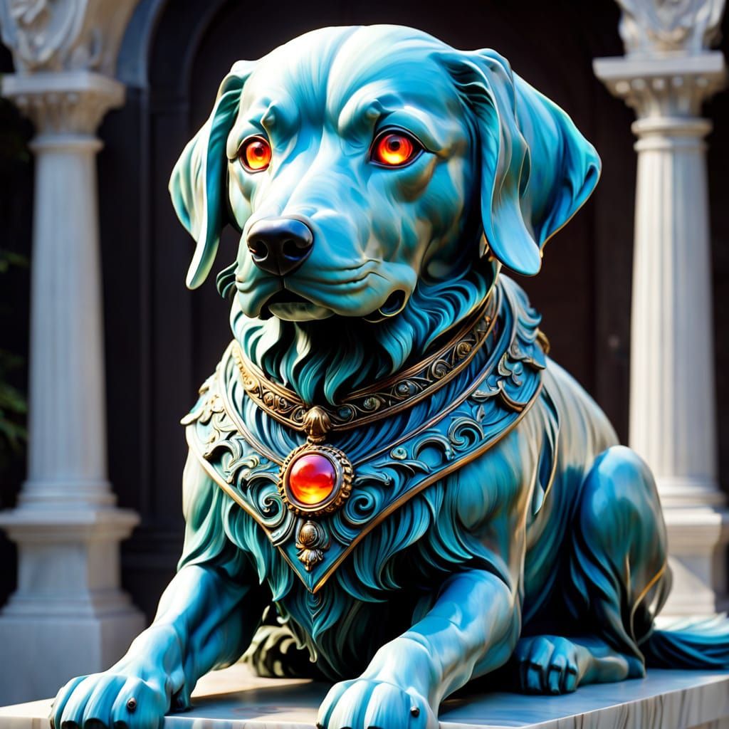 Marble Dog Statue with Glowing Eyes in Detailed Artistic Sty...
