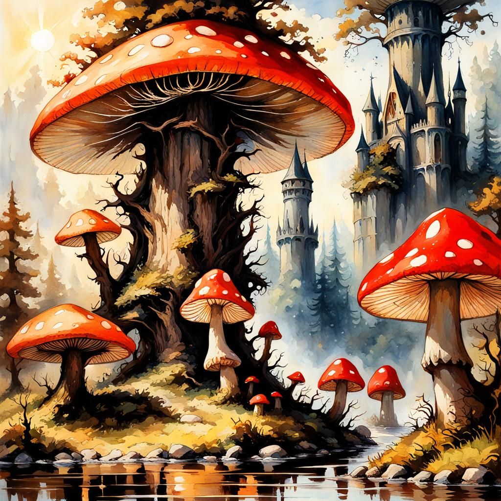 Fairytale Gothic Tower in Dark Forest Watercolor