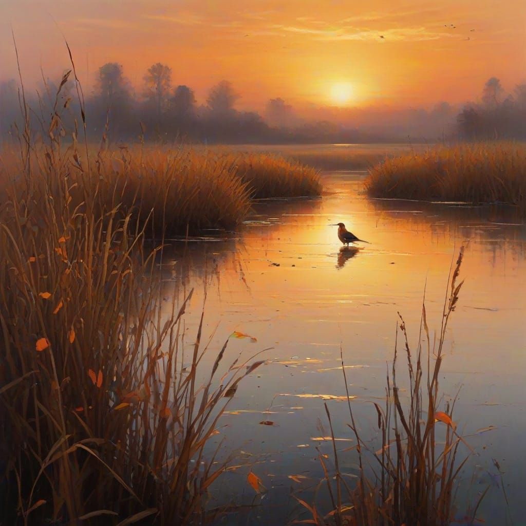 Fiery Oriole Alights on Foggy Marsh Reeds