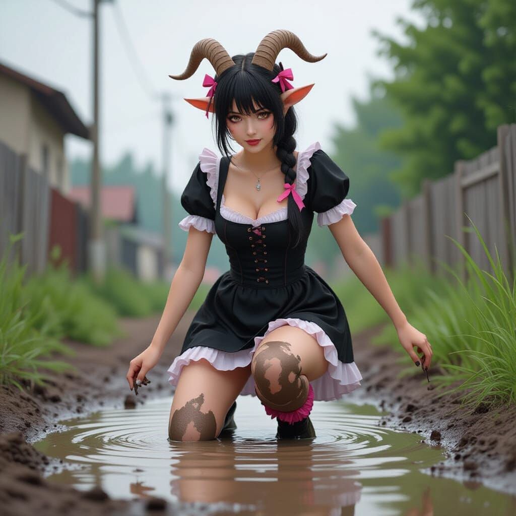 Goatfolk Maid in Mud Puddle with Pink Ribbons