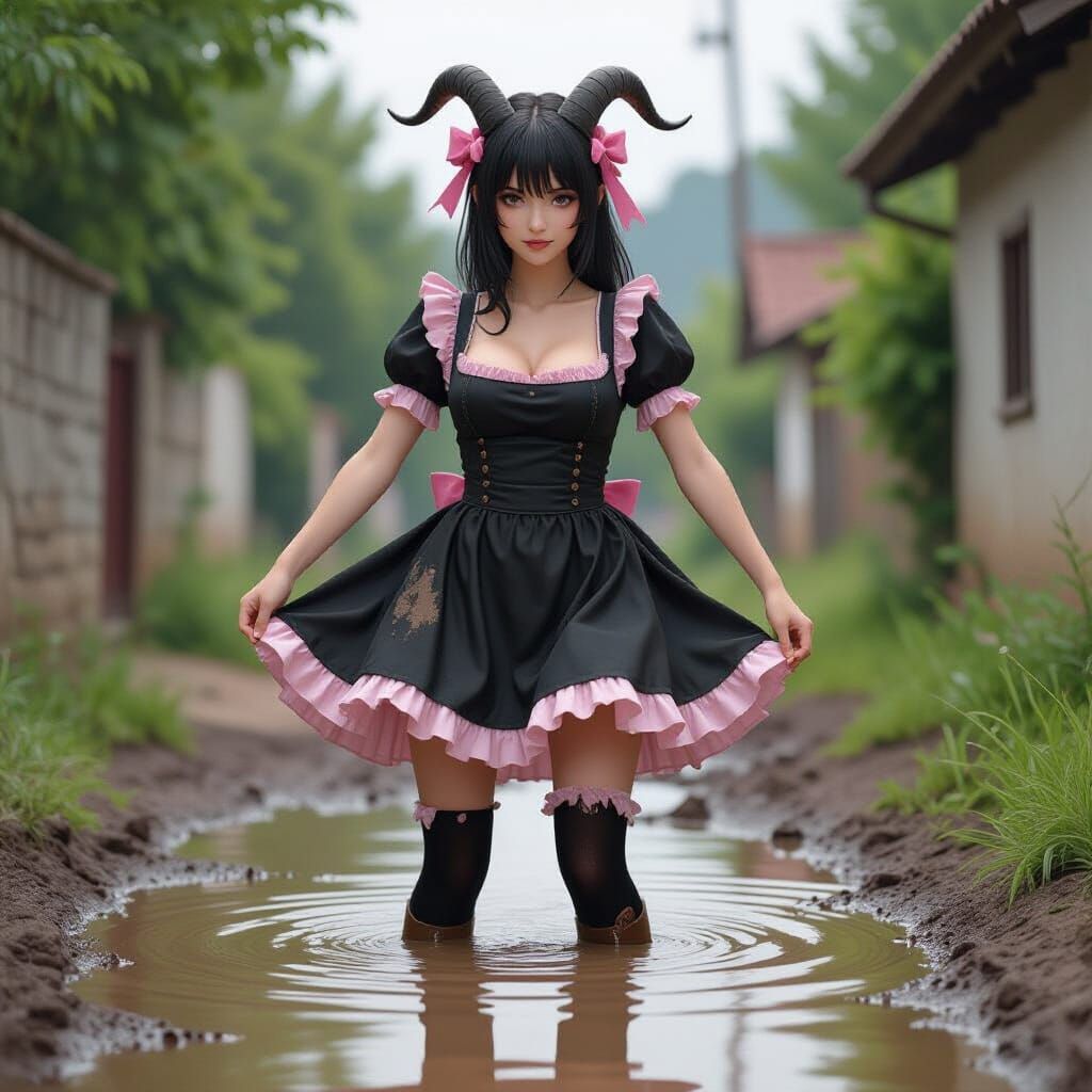 Goatfolk Maid Splashing in Mud Puddle