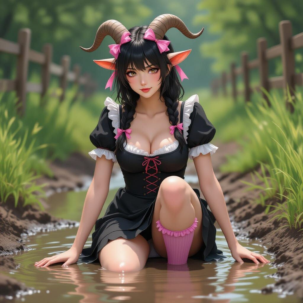 Goatfolk Maid Splashing in Mud Puddle