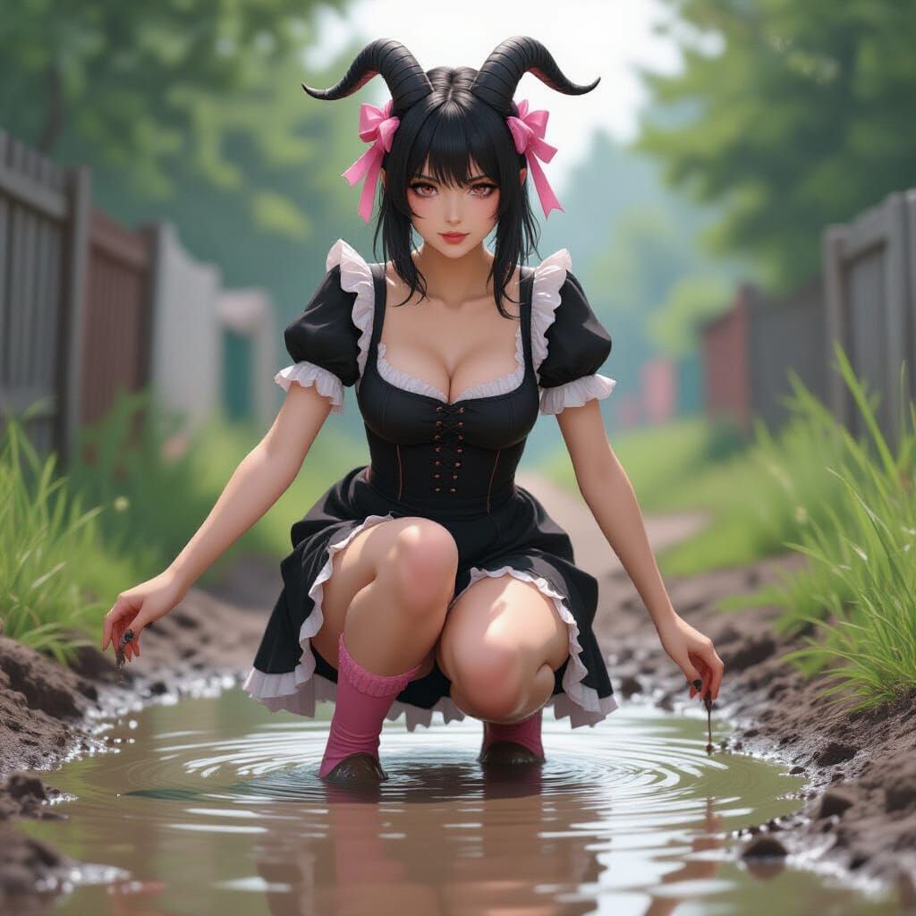 Goat-Woman Maid Playing in Mud Puddle