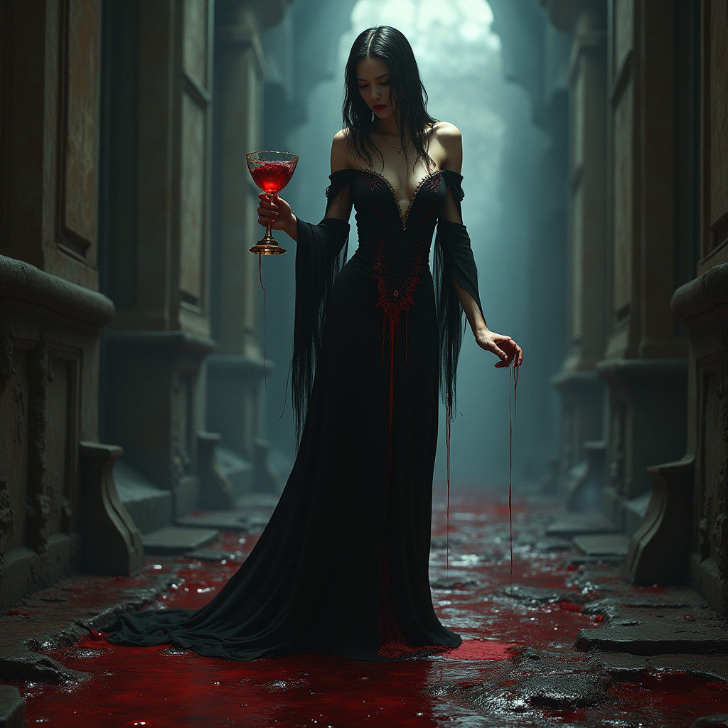 Gothic Woman with Goblet in a Dark Fantasy Scene