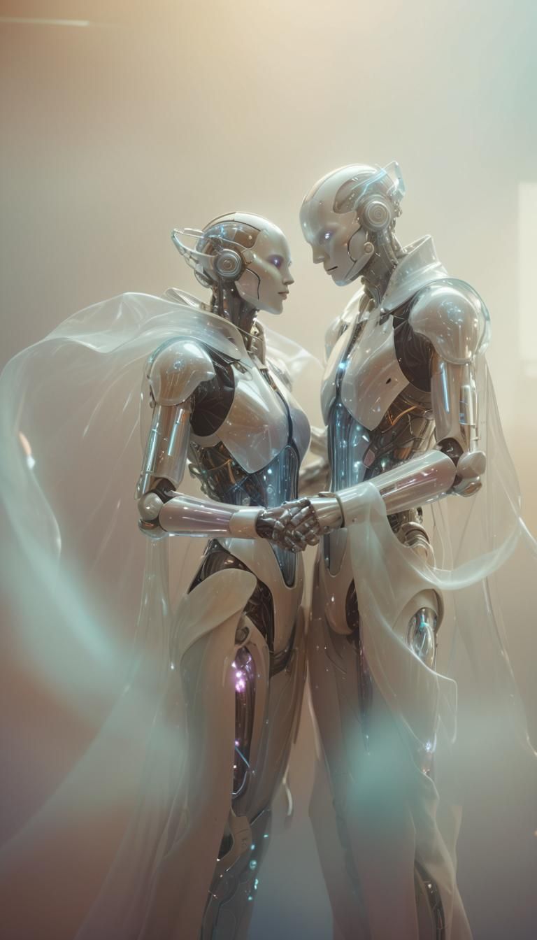 Super Cyborgs Embrace in Ethereal Neon Glow