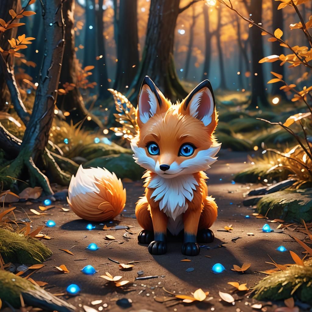 Vermillion Chibi Fox with Golden Sparks in 3D Style