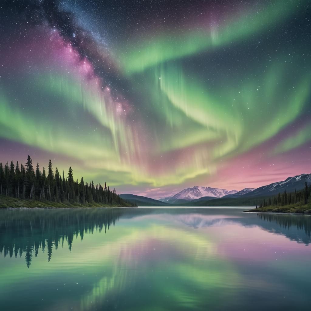 Aurora and Milky Way Reflected in Lake: Digital Art