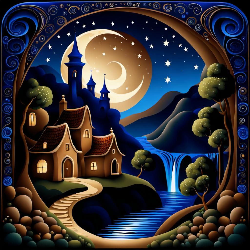 Magical Village Under Crescent Moon: Fairytale Image
