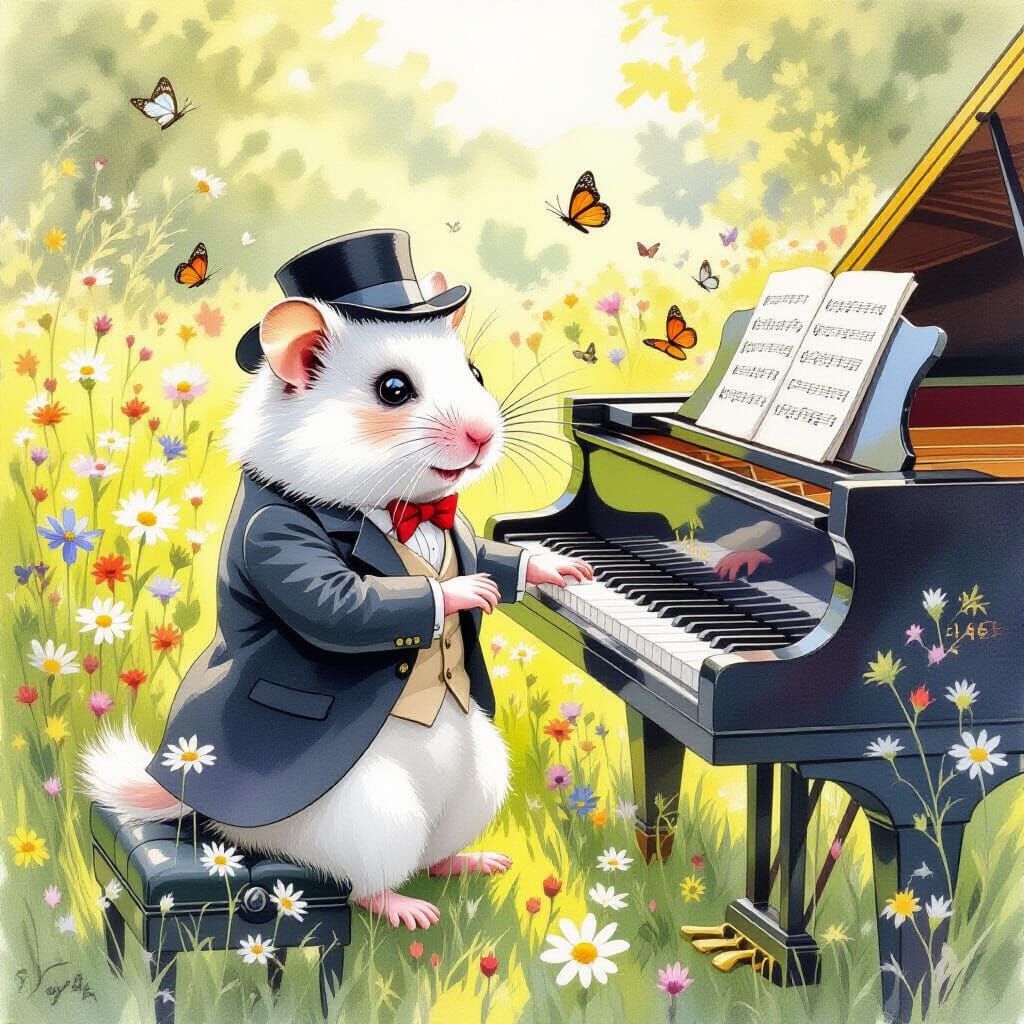 Hamster Detective at Piano in Watercolor Meadow