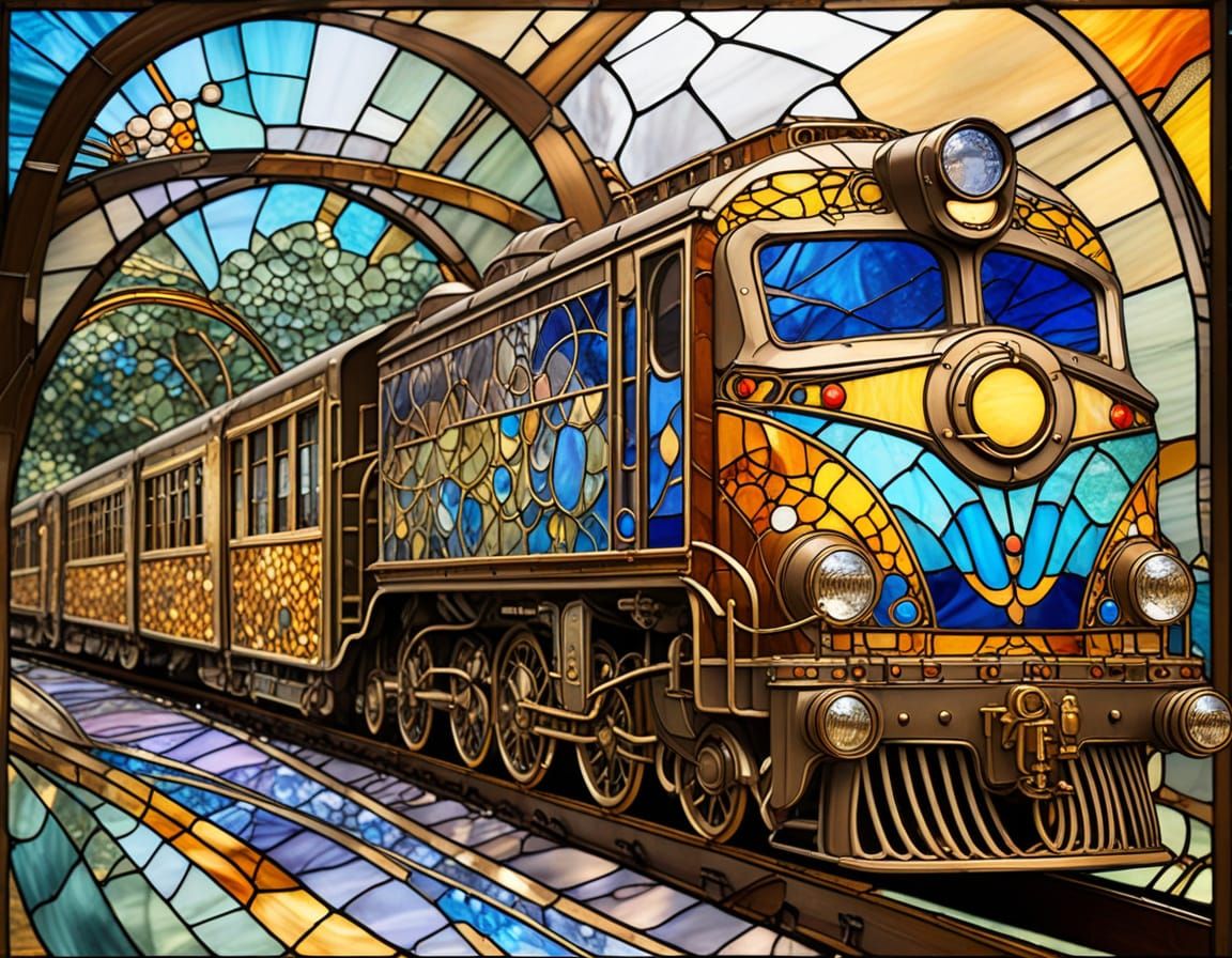 Stunning Art Nouveau Train in Golden Stained Glass