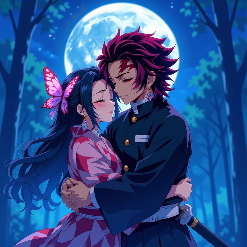 Demon Slayer Couple Embracing in Moonlit Forest Anime Style