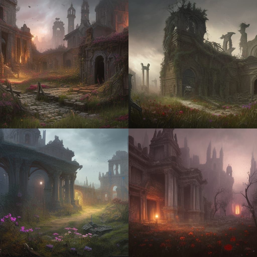 Epic Fantasy Ruins with Dark, Overgrown Details