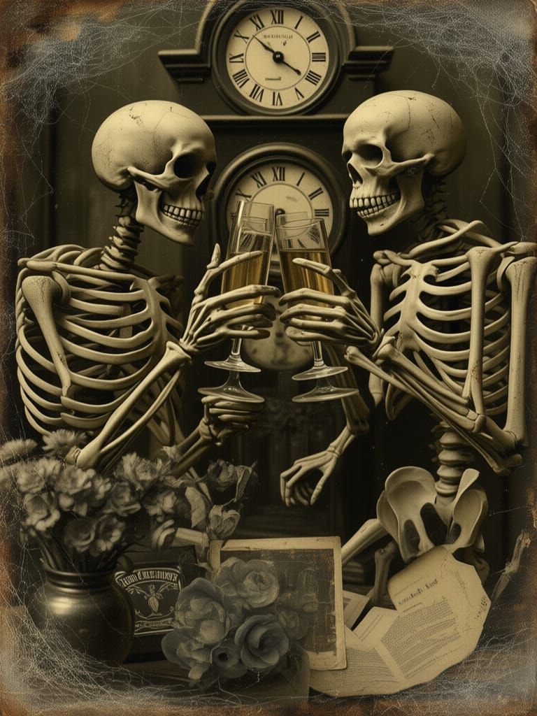 Skeleton Couple Toasts New Year in Vintage Daguerreotype Sty...